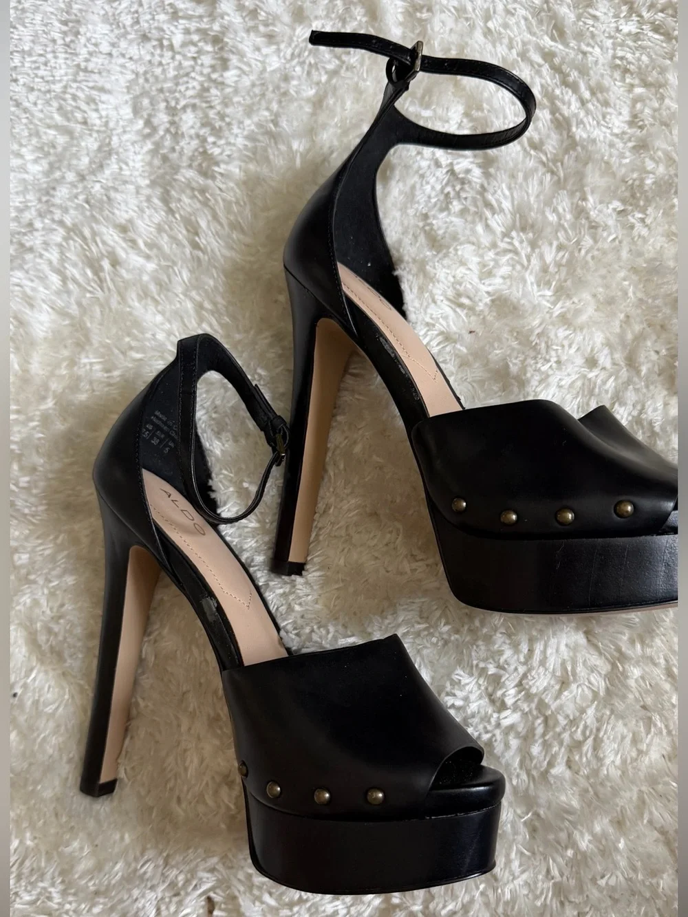 Aldo Black Studded Platform Peep-Toe Ankle Strap Heels